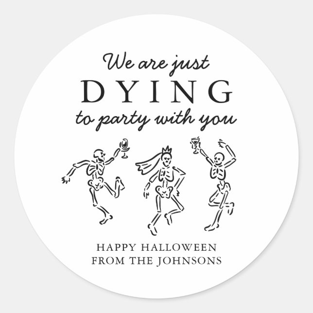 Whimsical Hand Drawn Skeletons Halloween Party Classic Round Sticker (Front)