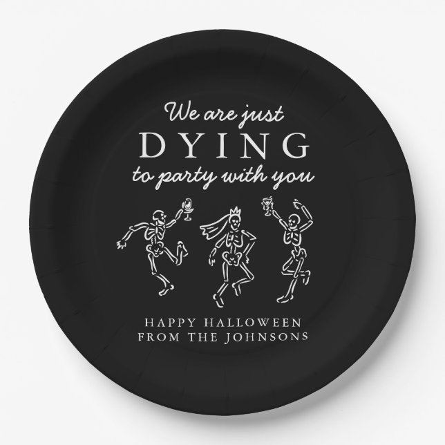 Whimsical Hand Drawn Skeletons Halloween Party Paper Plates (Front)