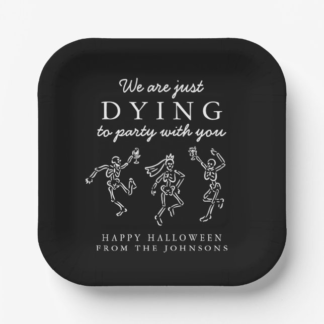Whimsical Hand Drawn Skeletons Halloween Party Paper Plates (Front)