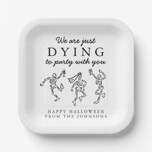Whimsical Hand Drawn Skeletons Halloween Party Paper Plates (Front)