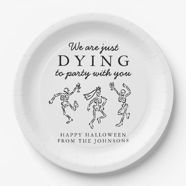 Whimsical Hand Drawn Skeletons Halloween Party Paper Plates (Front)