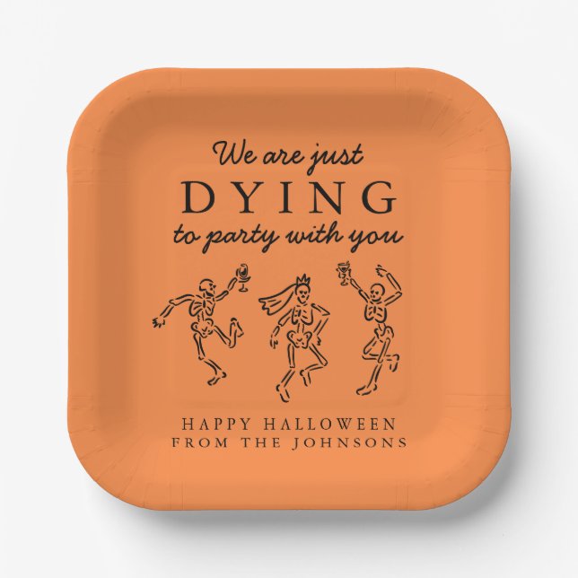 Whimsical Hand Drawn Skeletons Halloween Party Paper Plates (Front)