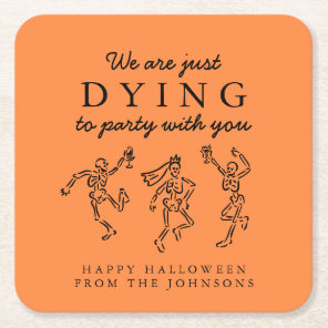 Whimsical Hand Drawn Skeletons Halloween Party Square Paper Coaster