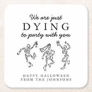 Whimsical Hand Drawn Skeletons Halloween Party Square Paper Coaster