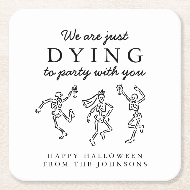 Whimsical Hand Drawn Skeletons Halloween Party Square Paper Coaster (Front)