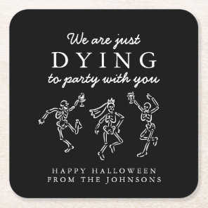 Whimsical Hand Drawn Skeletons Halloween Party Square Paper Coaster