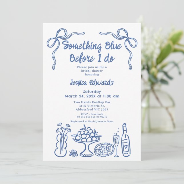 Whimsical Hand Drawn Something Blue Bridal Shower Invitation (Standing Front)