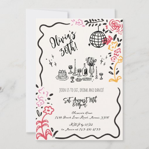 Whimsical Hand Drawn Squiggle Birthday Party Invitation | Zazzle
