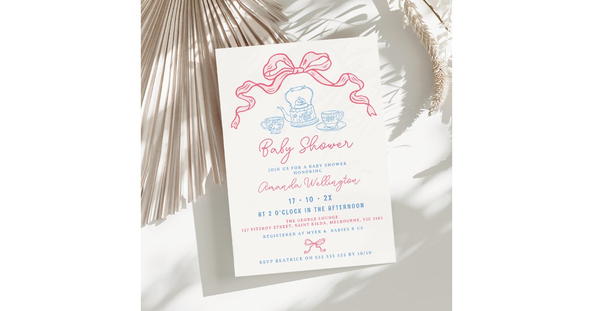 Whimsical Hand Drawn Tea Bow Baby Shower Invitation | Zazzle