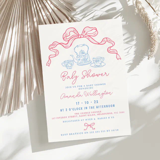 Whimsical Hand Drawn Tea Bow Baby Shower Invitation | Zazzle