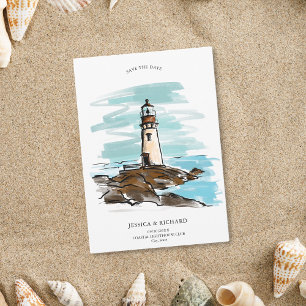 Whimsical Hand Drawn Venue Coastal Lighthouse Invitation