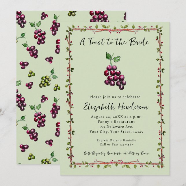 Whimsical Hand-Drawn Vineyard Wine Bridal Shower Invitation (Front/Back)
