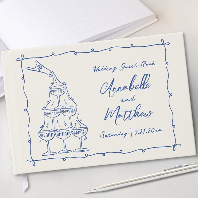 Whimsical Hand Drawn Vintage Blue Wedding Guest Book (Whimsical Hand Drawn Vintage Blue Wedding Guest Book )
