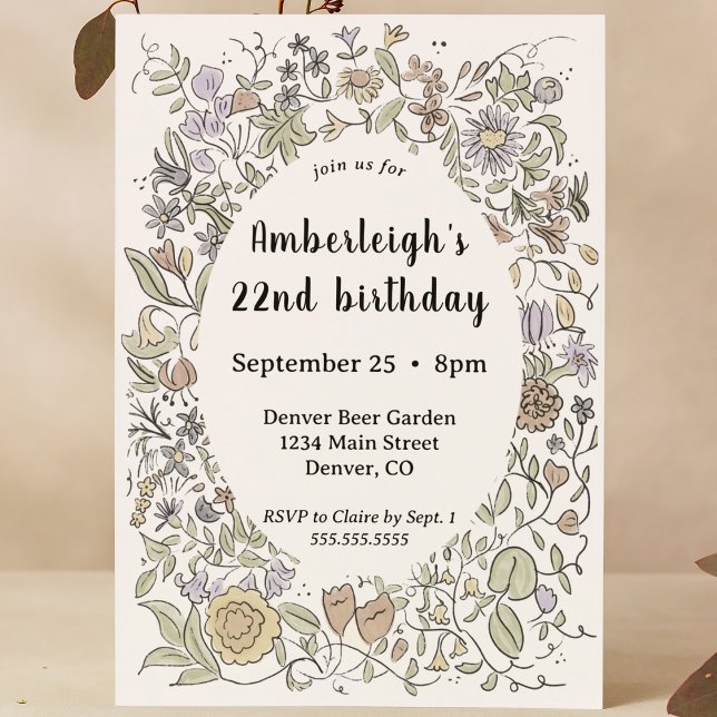 Whimsical Hand Drawn Watercolor Floral Bday Party Invitation (whimsical hand drawn watercolor floral doodle frame birthday party invitation garden party tea party)