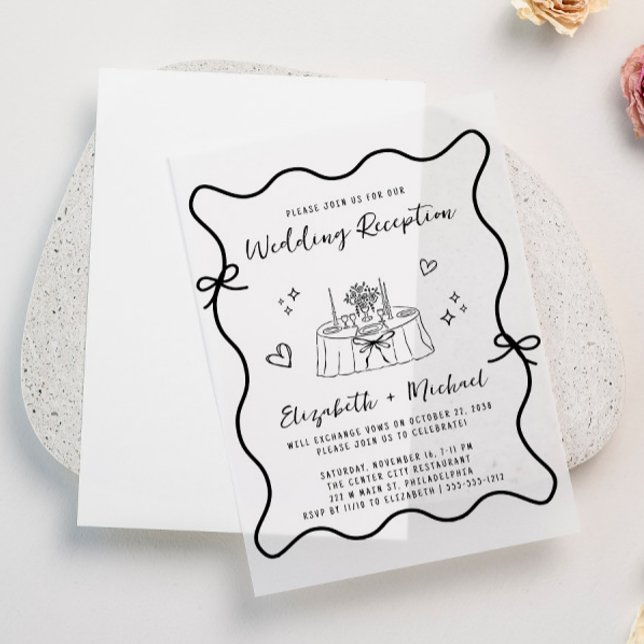 Whimsical Hand Drawn Wavy Frame Wedding Reception  Vellum Invitations (Elevate your wedding reception invitations with the timeless beauty of vellum overlays)
