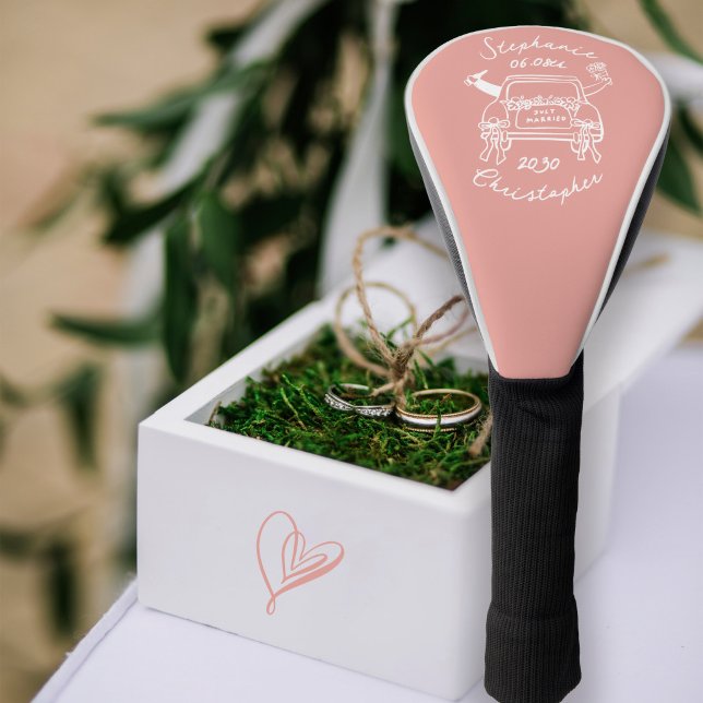 Whimsical Hand Drawn Wedding Car Just Married Golf Head Cover (Creator Uploaded)