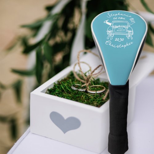 Whimsical Hand Drawn Wedding Couple Just Married Golf Head Cover
