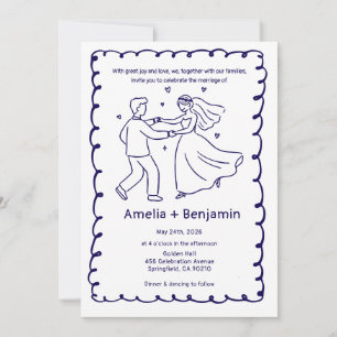 Whimsical Hand Drawn Wedding Couple   Wedding  Invitation