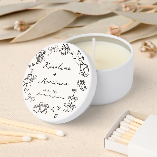 Whimsical Hand Drawn Wedding Doodles Mini Candle Favors (Insitu)