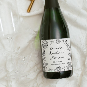 Whimsical Hand Drawn Wedding Doodles Sparkling Wine Label