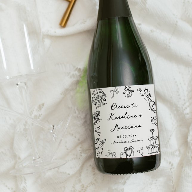 Whimsical Hand Drawn Wedding Doodles Sparkling Wine Label (Creator Uploaded)