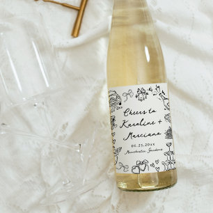 Whimsical Hand Drawn Wedding Doodles Wine Label