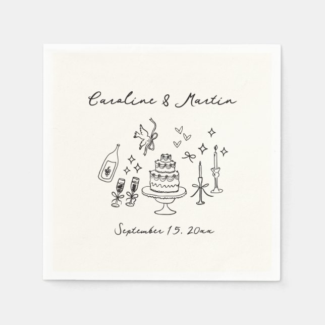 Whimsical, hand drawn wedding napkins (Front)