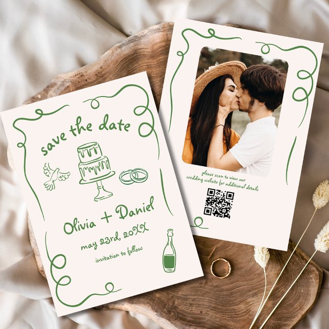 Whimsical Hand Drawn Wedding Photo Green Save The Date (Creator Uploaded)