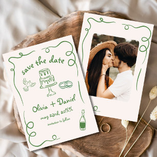 Whimsical Hand Drawn Wedding Photo Green Save The Date