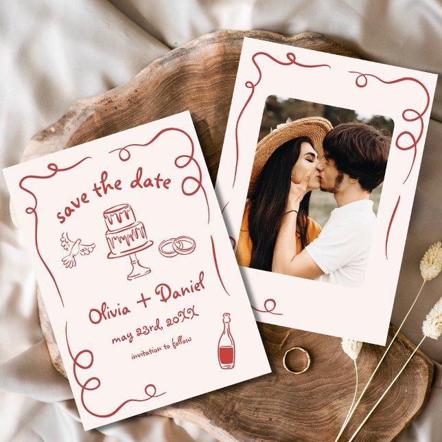 Whimsical Hand Drawn Wedding Photo Red Save The Date (Creator Uploaded)