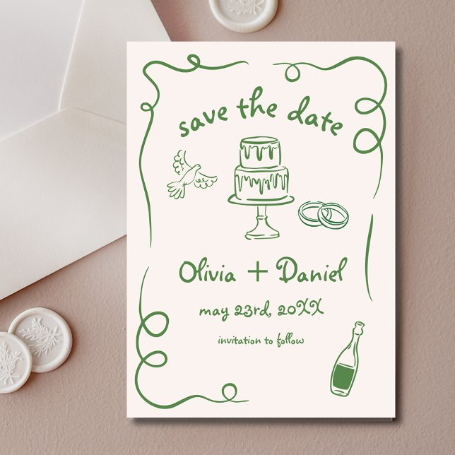 Whimsical Hand Drawn Wedding Quirky Green Save The Date (Creator Uploaded)