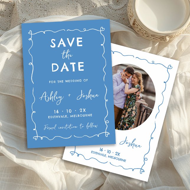 Whimsical Hand Drawn Wedding Save The Date Card (Blue Whimsical Hand Drawn Wedding Save The Date Card, Blue Hand Drawn Save The Date, Trendy Photo)