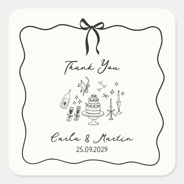Whimsical, hand drawn wedding thank you  square sticker (Front)