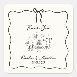 Whimsical, hand drawn wedding thank you square sticker