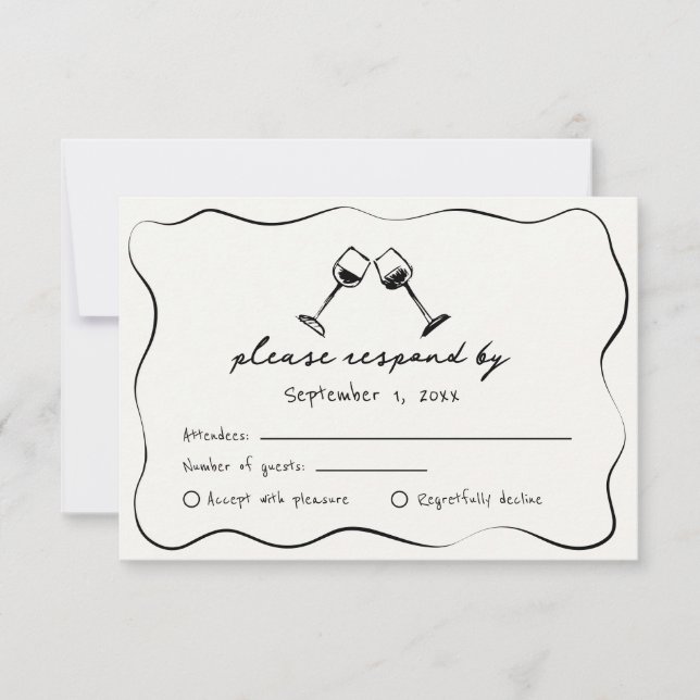 Whimsical Hand Drawn Wine Cups Wedding RSVP Card (Front)