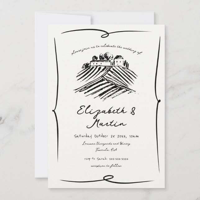 Whimsical Hand Drawn Winery Wedding Invitation (Front)
