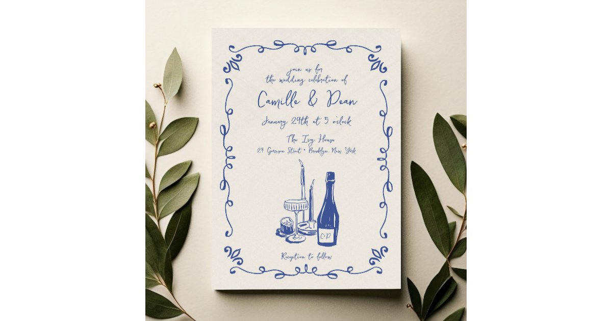 Whimsical Hand Lettered Illustrated Dinner Wedding Invitation