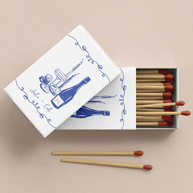 Whimsical Hand Lettered Illustrated Dinner Wedding Matchboxes
