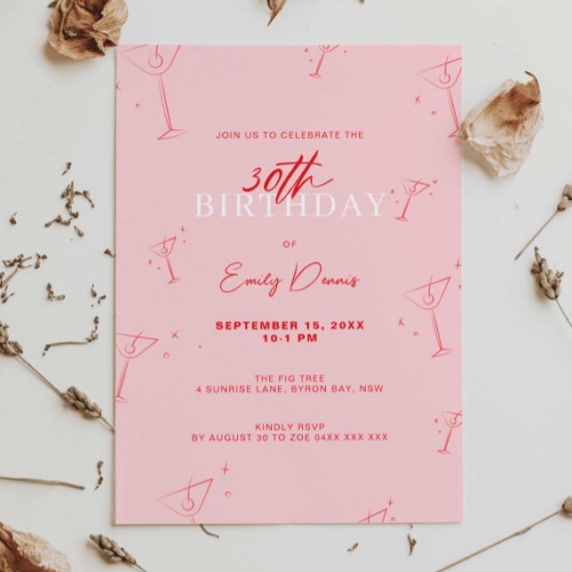 Whimsical Handdrawn martini 30th Birthday Party Invitation (Creator Uploaded)