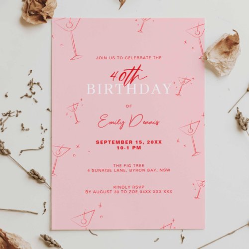 Whimsical Handdrawn martini 40th Birthday Party