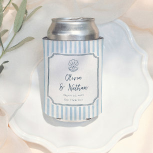 Whimsical Handdrawn Retro Blue Stripes Wedding Can Cooler