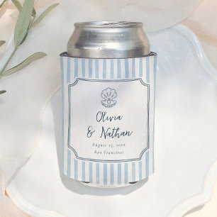 Whimsical Handdrawn Retro Blue Stripes Wedding Can Cooler