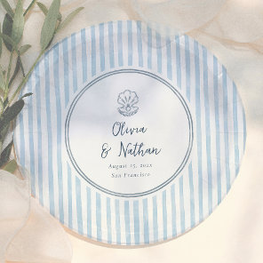 Whimsical Handdrawn Retro Blue Stripes Wedding Paper Plates