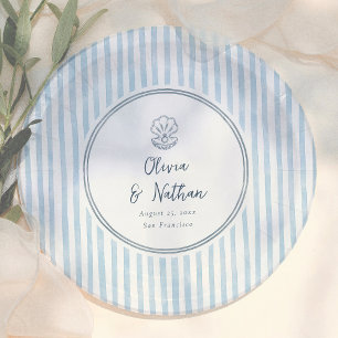 Whimsical Handdrawn Retro Blue Stripes Wedding Paper Plates