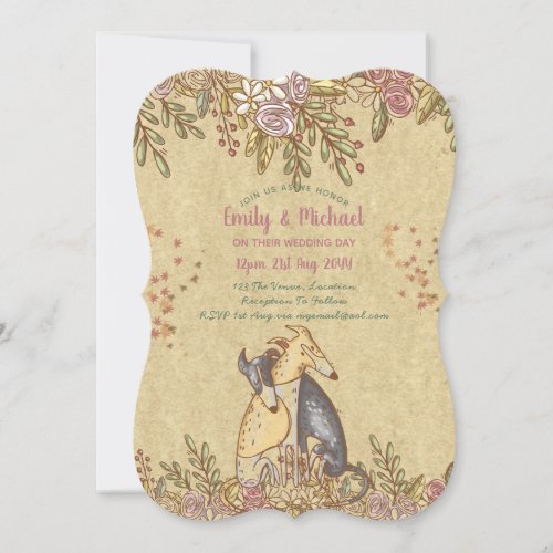 Whimsical Handdrawn Wedding Rustic Dogs Floral Invitation