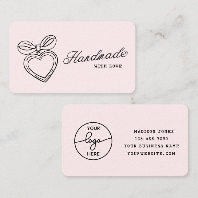 Whimsical Handmade with Love Script Heart Bow Logo Business Card (Front/Back)