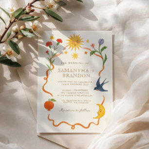 Whimsical handpainted Celestial Folk Wedding Invitation