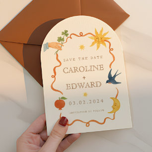 Whimsical handpainted Celestial Folk Wedding Save The Date