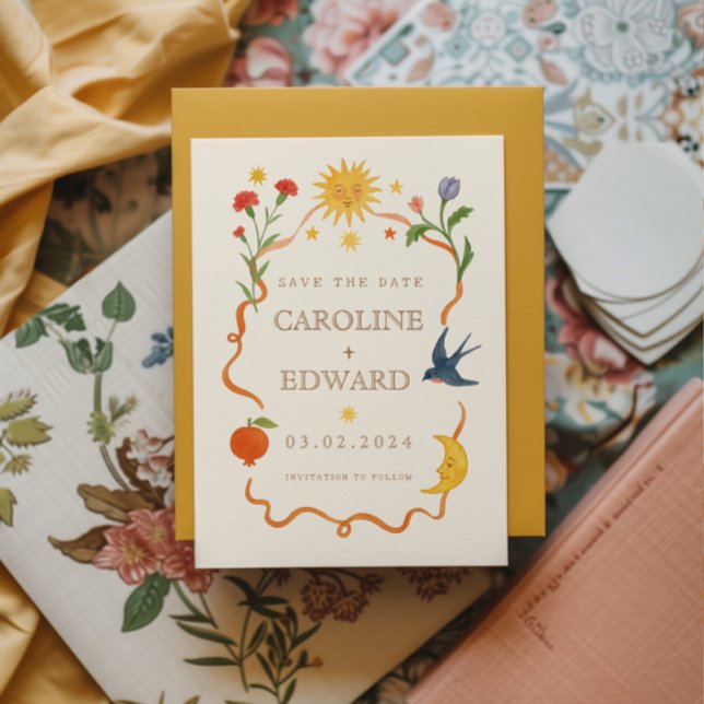 Whimsical handpainted Celestial Folk Wedding  Save The Date (Creator Uploaded)