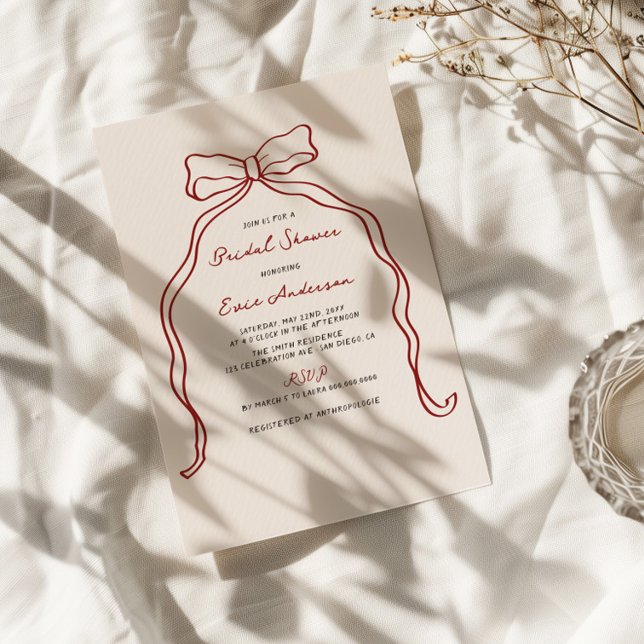 Whimsical Handwritten Burgundy Bow Bridal Shower  Invitation (Creator Uploaded)